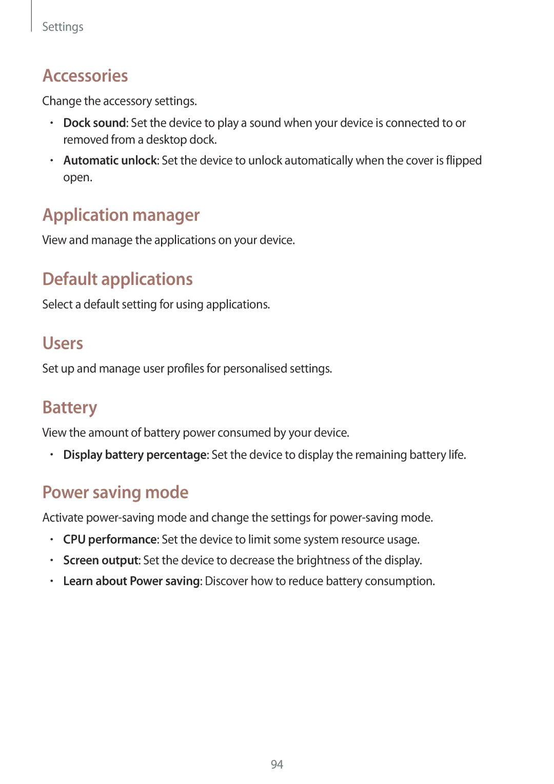 Samsung SM2T533NYKAXEH manual Accessories, Application manager, Default applications, Users, Battery, Power saving mode 