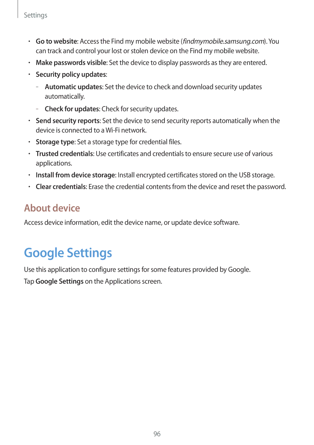 Samsung SM-T533NZWAXSK, SM-T533NYKAXEF, SM-T533NZWEXEF manual Google Settings, About device, Security policy updates 