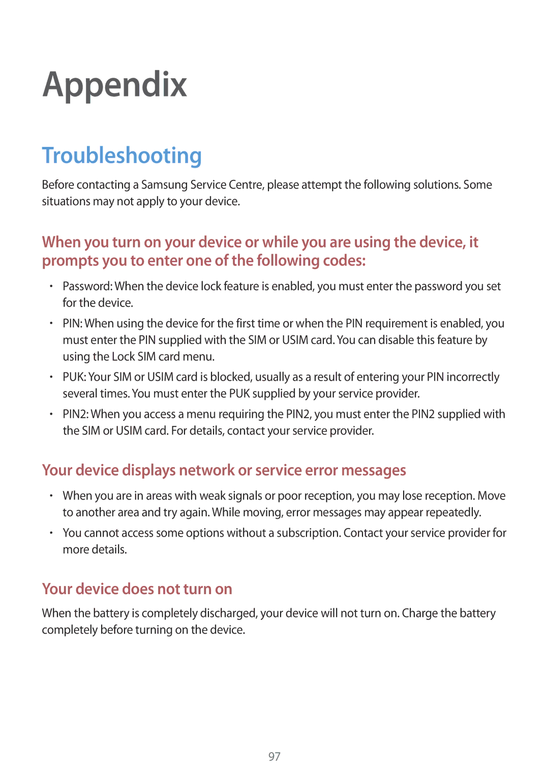 Samsung SM-T533NZWAXEO, SM-T533NYKAXEF, SM-T533NZWEXEF, SM-T533NZWAXEF, SM-T533NZWAAUT manual Appendix, Troubleshooting 