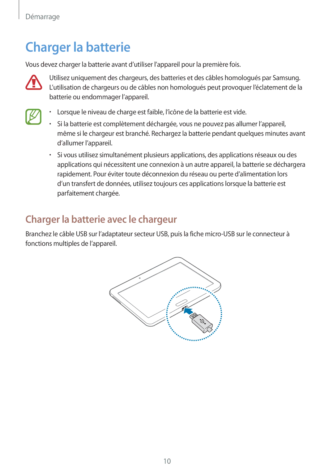 Samsung SM-T533NZWEXEF, SM-T533NYKAXEF, SM-T533NZWAXEF manual Charger la batterie avec le chargeur 