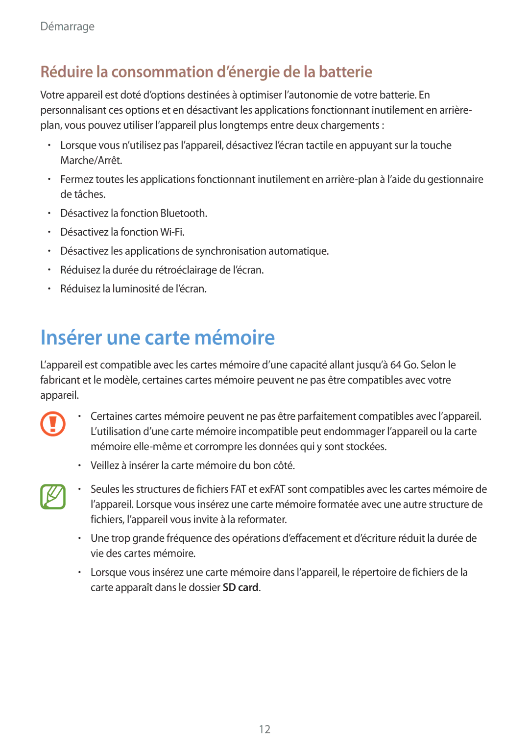 Samsung SM-T533NYKAXEF, SM-T533NZWEXEF manual Insérer une carte mémoire, Réduire la consommation d’énergie de la batterie 