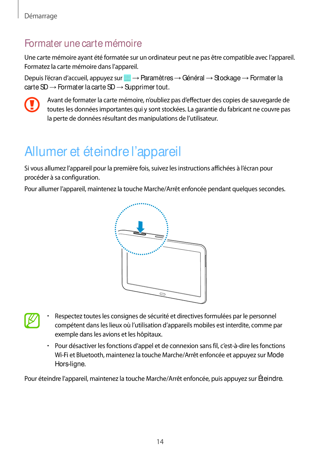 Samsung SM-T533NZWAXEF, SM-T533NYKAXEF, SM-T533NZWEXEF manual Allumer et éteindre l’appareil, Formater une carte mémoire 