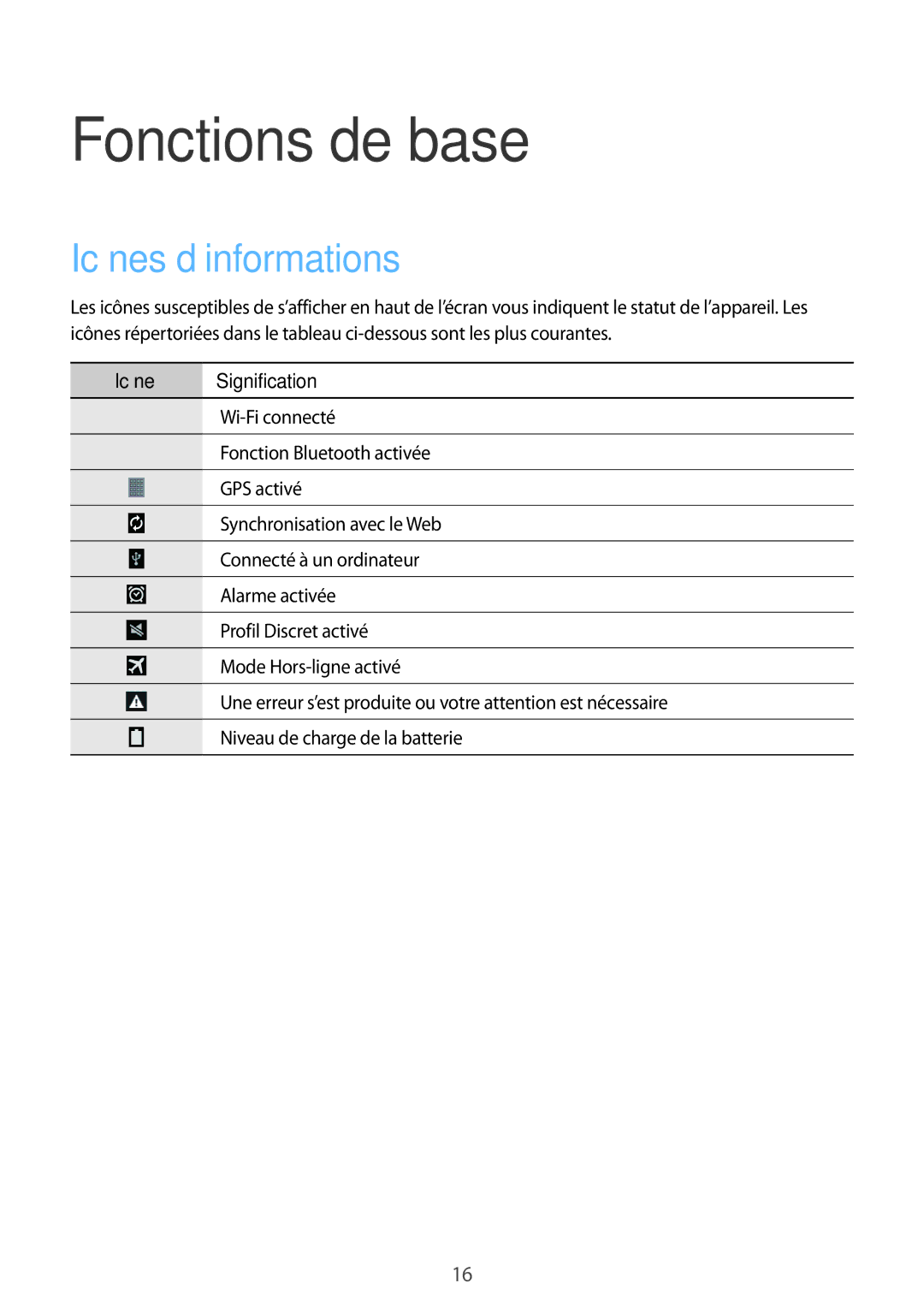 Samsung SM-T533NZWEXEF, SM-T533NYKAXEF, SM-T533NZWAXEF manual Fonctions de base, Icônes d’informations 