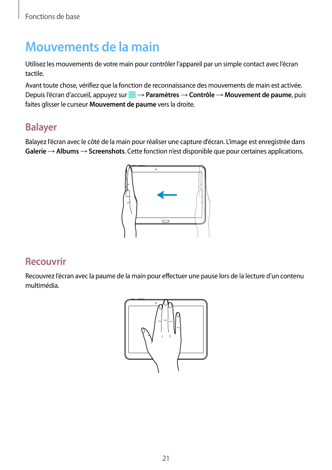 Samsung SM-T533NYKAXEF, SM-T533NZWEXEF, SM-T533NZWAXEF manual Mouvements de la main, Balayer, Recouvrir 