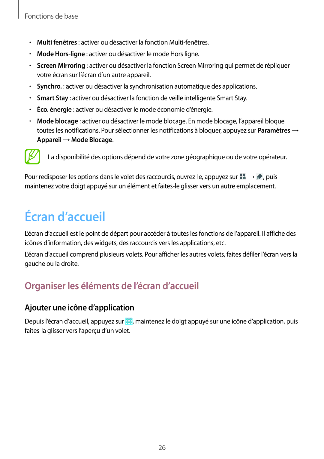 Samsung SM-T533NZWAXEF manual Écran d’accueil, Organiser les éléments de l’écran d’accueil, Ajouter une icône d’application 