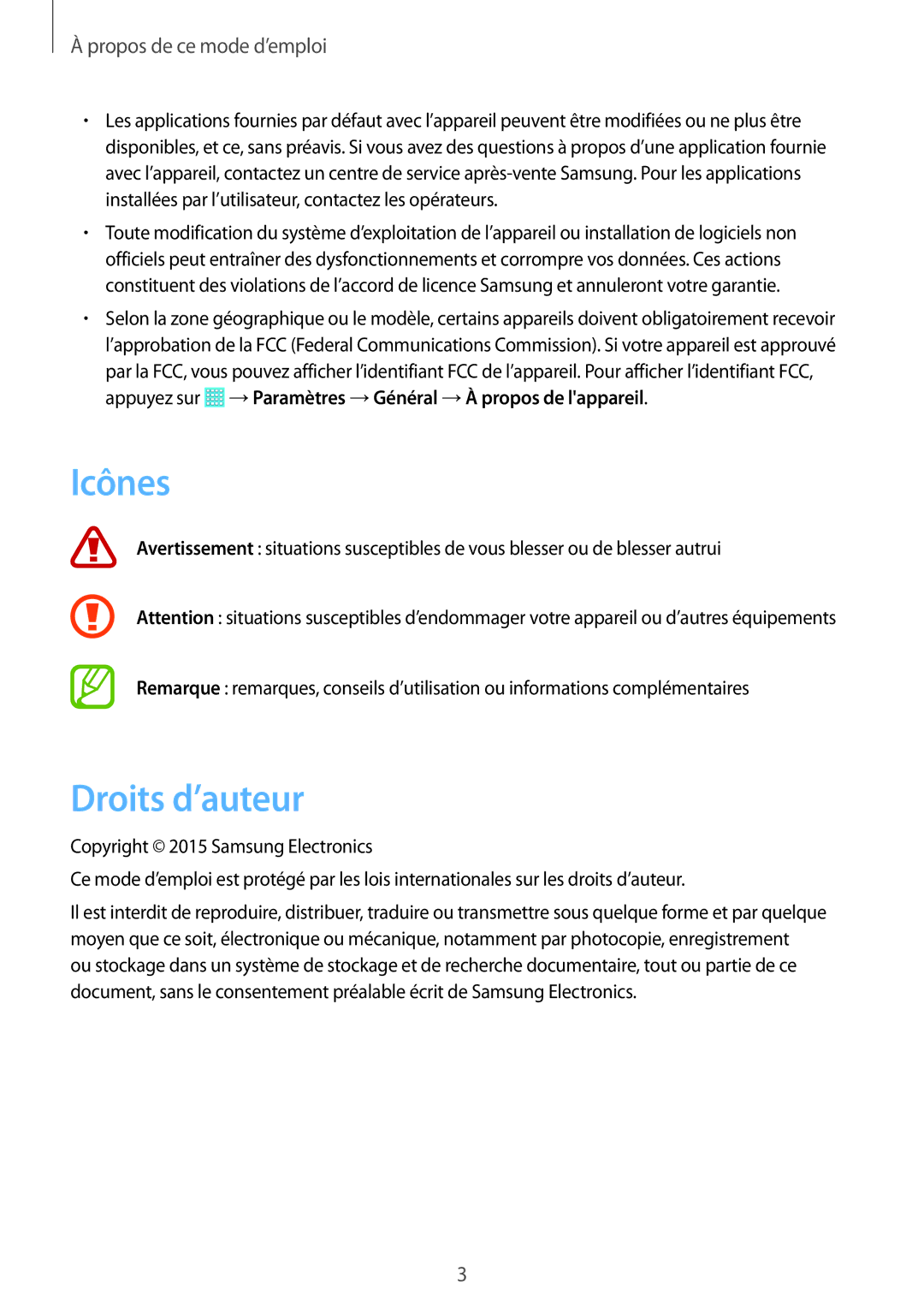 Samsung SM-T533NYKAXEF, SM-T533NZWEXEF, SM-T533NZWAXEF manual Icônes, Droits d’auteur 