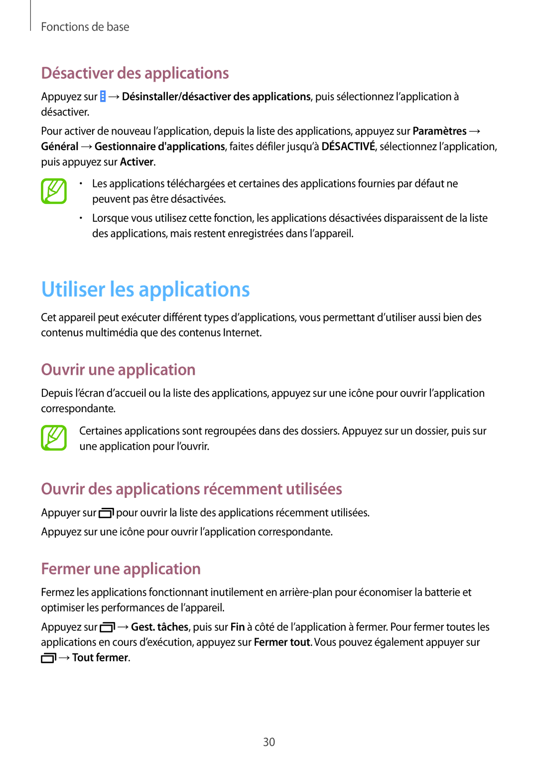 Samsung SM-T533NYKAXEF, SM-T533NZWEXEF manual Utiliser les applications, Désactiver des applications, Ouvrir une application 