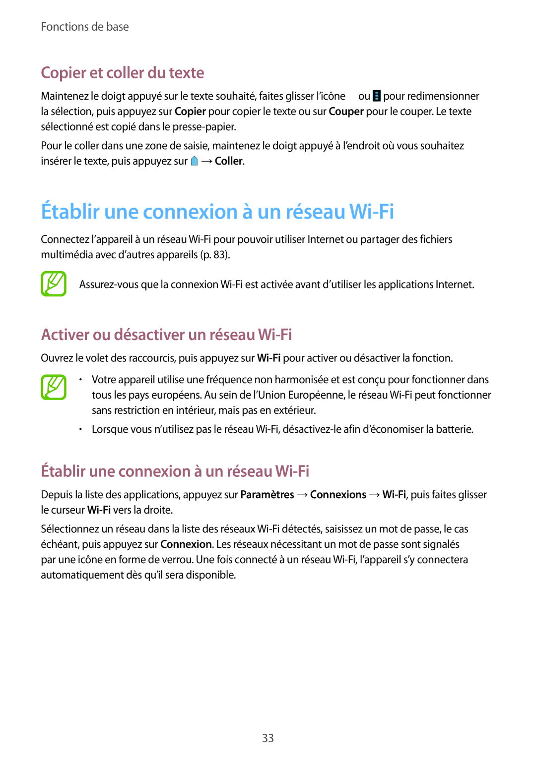 Samsung SM-T533NYKAXEF, SM-T533NZWEXEF, SM-T533NZWAXEF Établir une connexion à un réseau Wi-Fi, Copier et coller du texte 