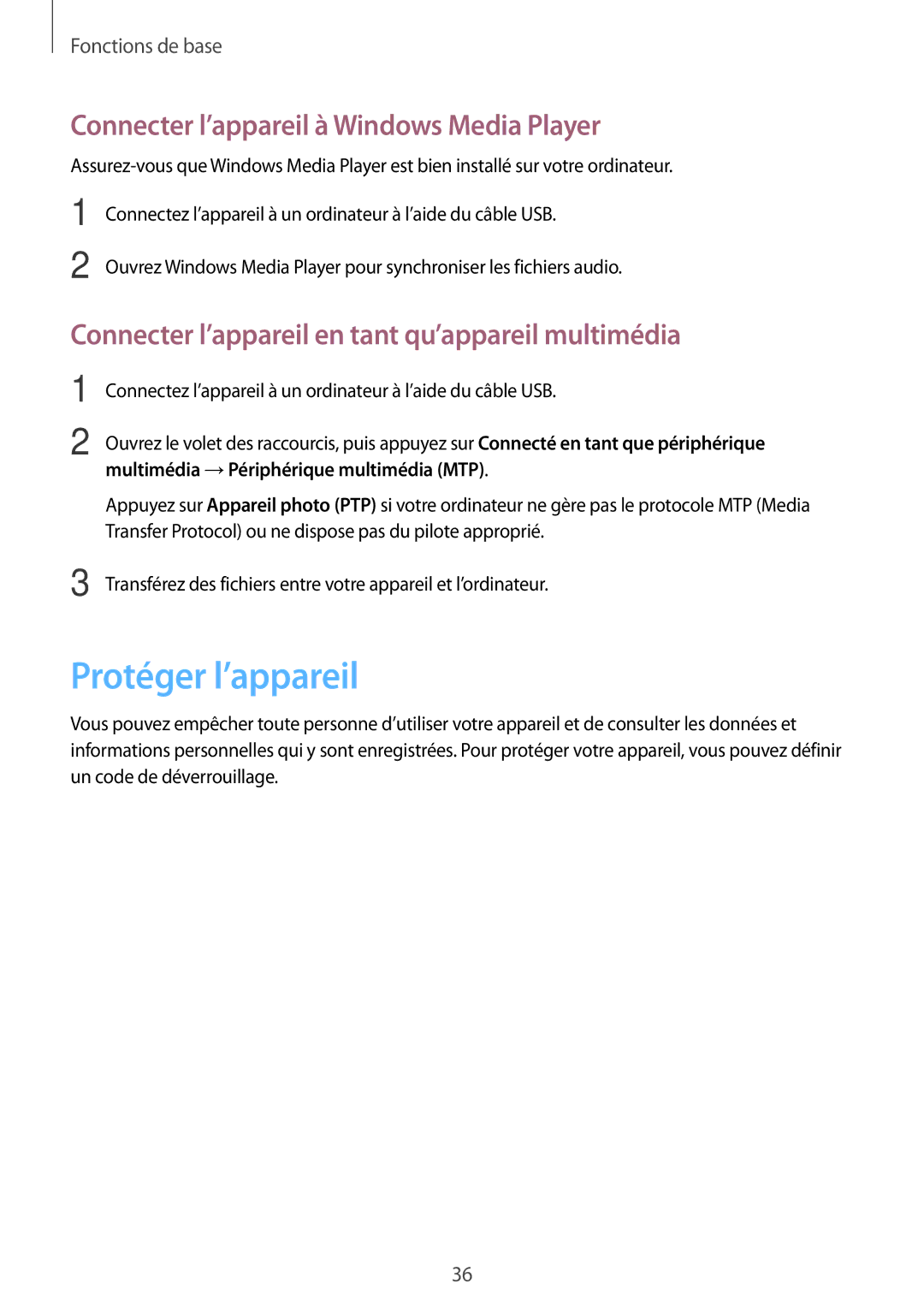 Samsung SM-T533NYKAXEF, SM-T533NZWEXEF, SM-T533NZWAXEF Protéger l’appareil, Connecter l’appareil à Windows Media Player 
