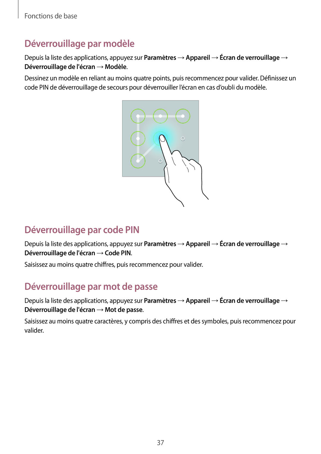 Samsung SM-T533NZWEXEF manual Déverrouillage par modèle, Déverrouillage par code PIN, Déverrouillage par mot de passe 