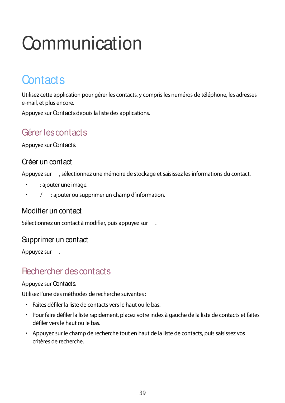 Samsung SM-T533NYKAXEF, SM-T533NZWEXEF, SM-T533NZWAXEF Communication, Contacts, Gérer les contacts, Rechercher des contacts 