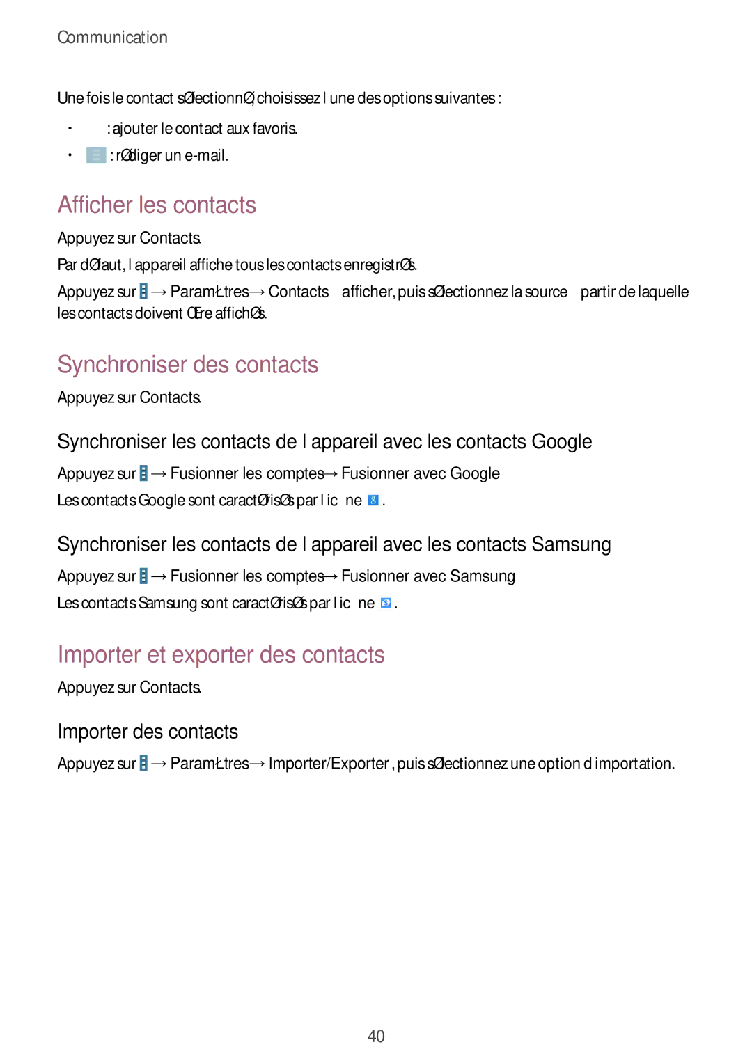Samsung SM-T533NZWEXEF, SM-T533NYKAXEF Afficher les contacts, Synchroniser des contacts, Importer et exporter des contacts 