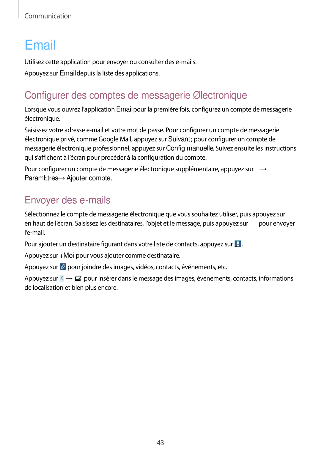 Samsung SM-T533NZWEXEF, SM-T533NYKAXEF manual Configurer des comptes de messagerie électronique, Envoyer des e-mails 