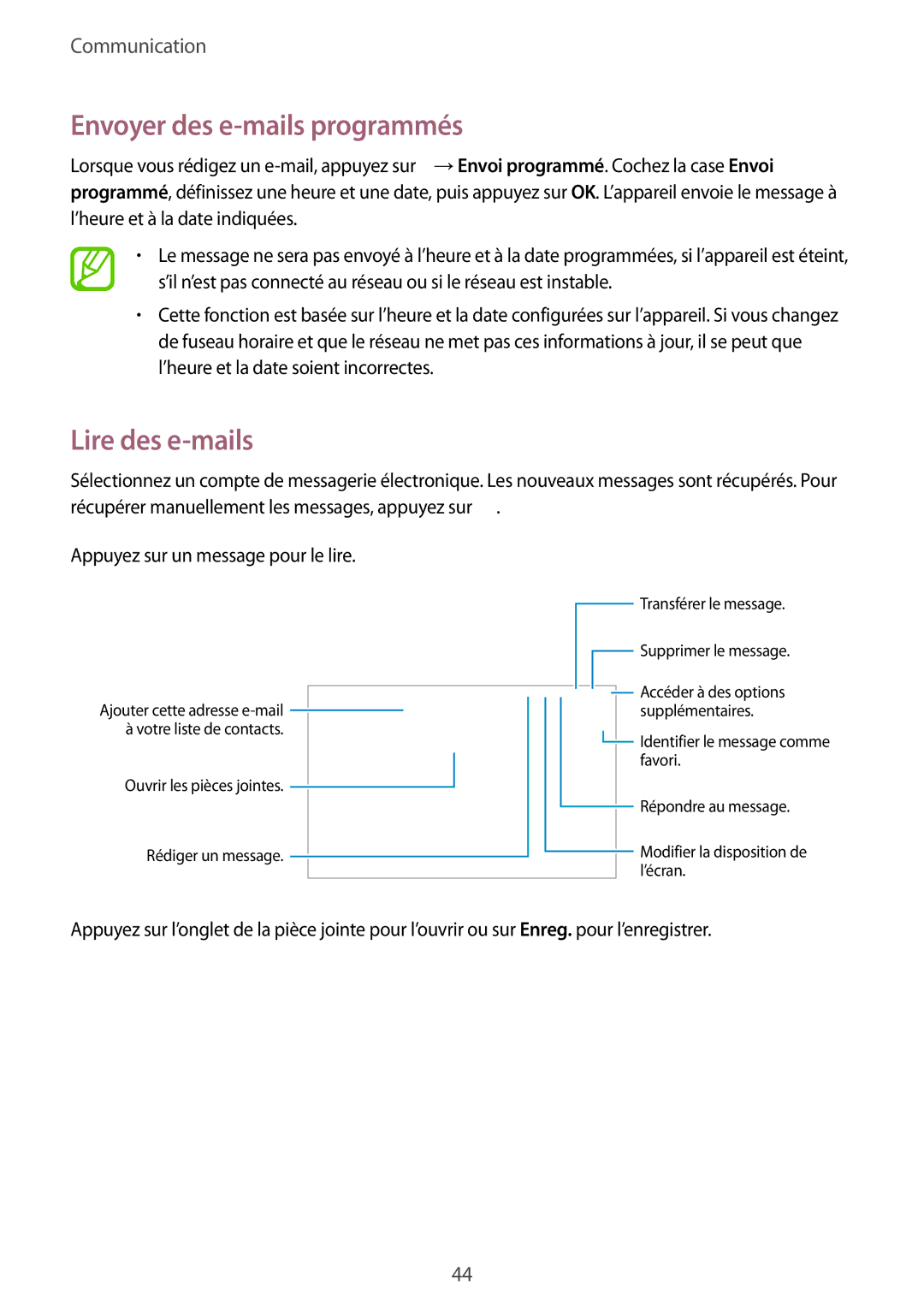 Samsung SM-T533NZWAXEF, SM-T533NYKAXEF, SM-T533NZWEXEF manual Envoyer des e-mails programmés, Lire des e-mails 