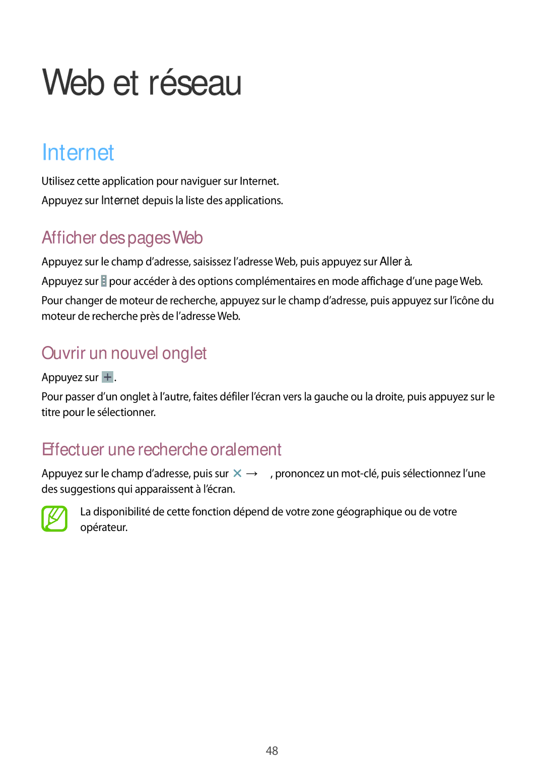 Samsung SM-T533NYKAXEF, SM-T533NZWEXEF manual Web et réseau, Internet, Afficher des pages Web, Ouvrir un nouvel onglet 