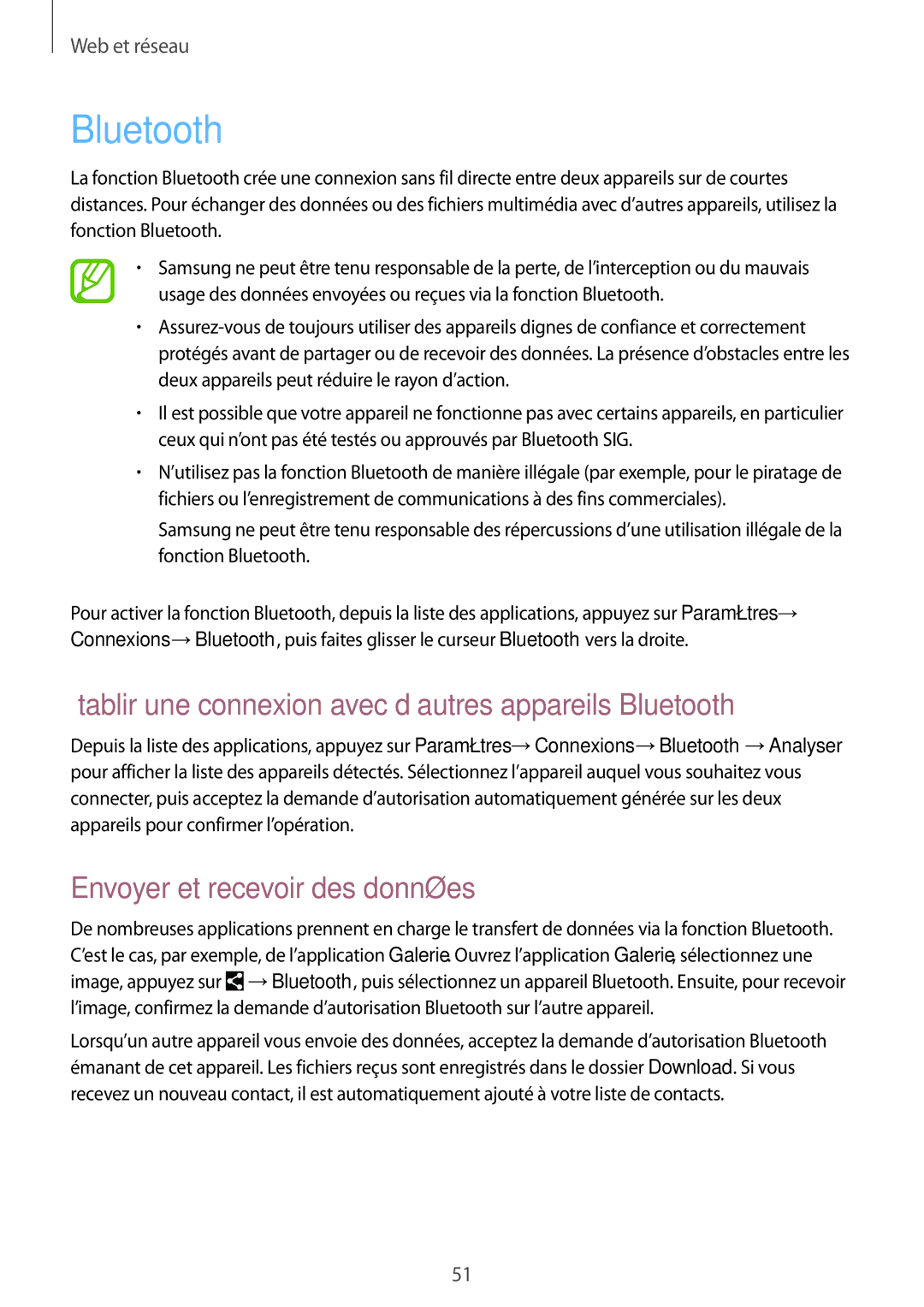 Samsung SM-T533NYKAXEF manual Établir une connexion avec d’autres appareils Bluetooth, Envoyer et recevoir des données 