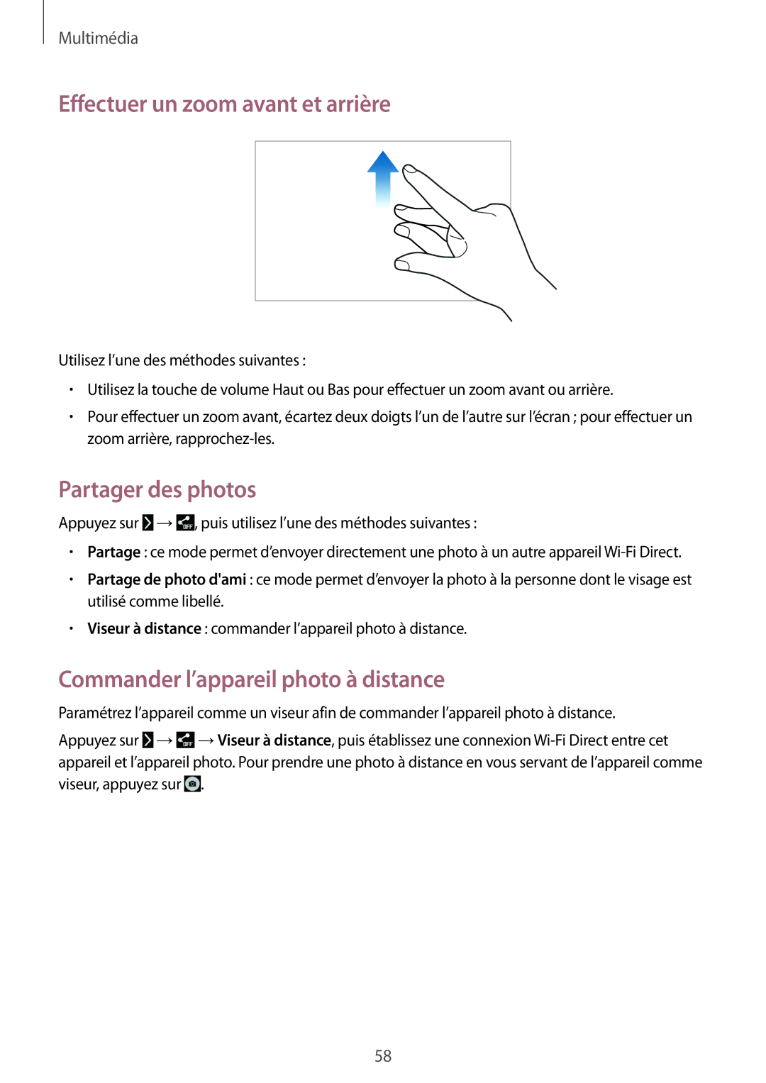 Samsung SM-T533NZWEXEF Effectuer un zoom avant et arrière, Partager des photos, Commander l’appareil photo à distance 