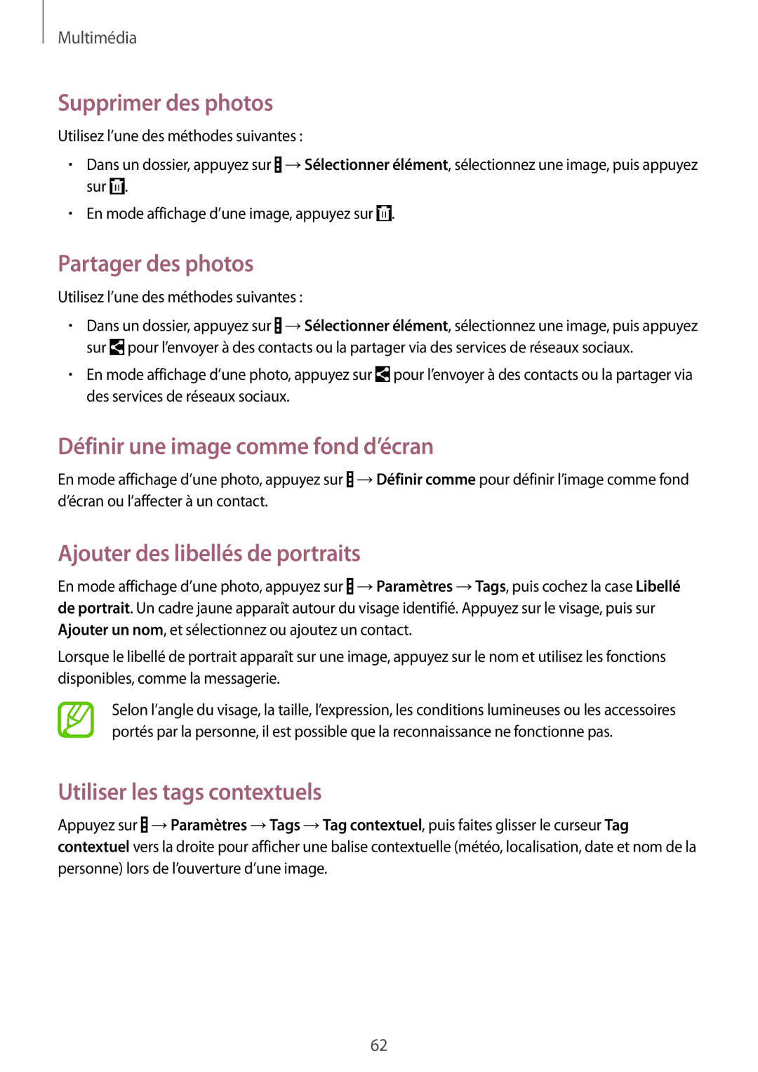 Samsung SM-T533NZWAXEF manual Supprimer des photos, Définir une image comme fond d’écran, Ajouter des libellés de portraits 