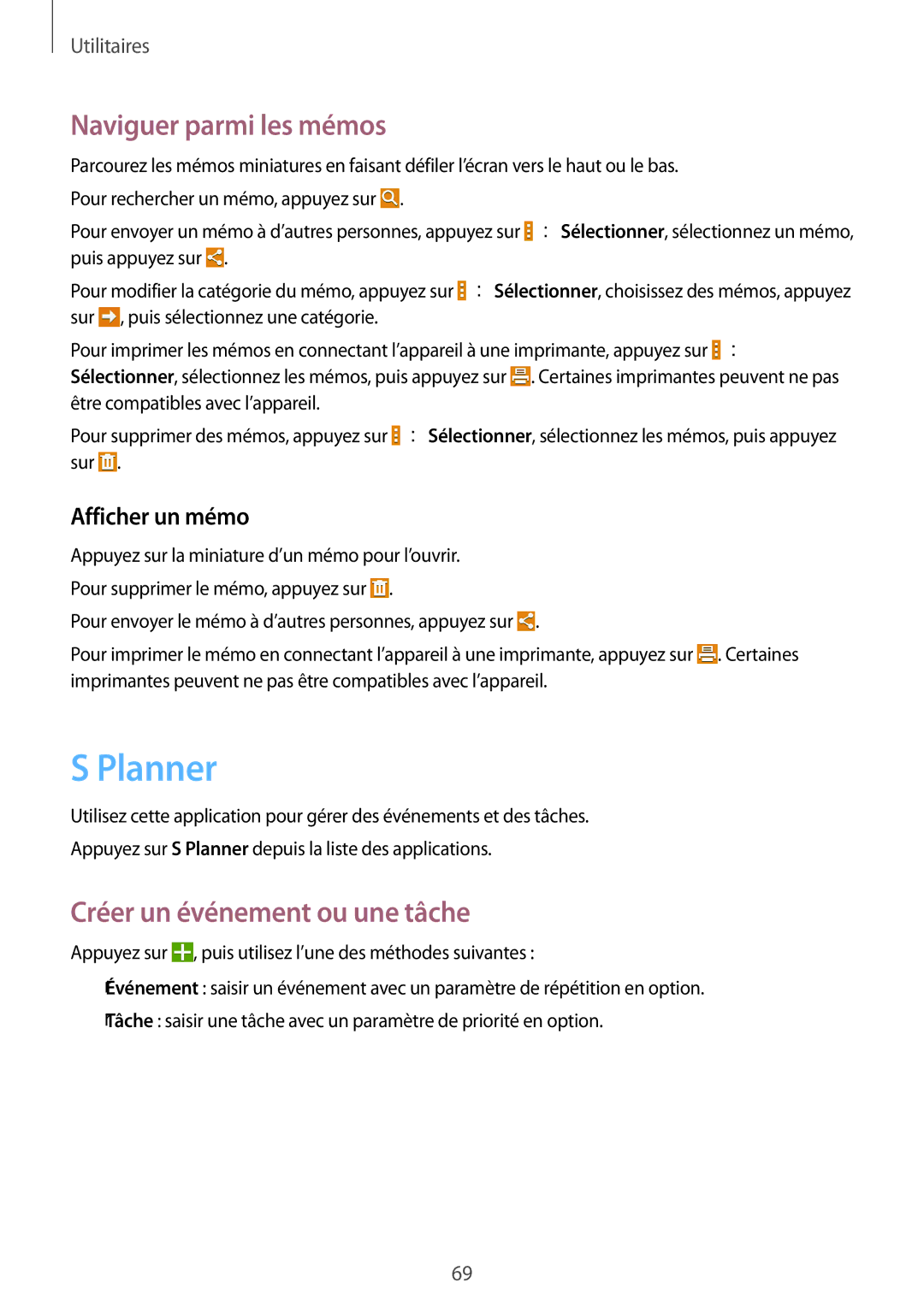 Samsung SM-T533NYKAXEF manual Planner, Naviguer parmi les mémos, Créer un événement ou une tâche, Afficher un mémo 