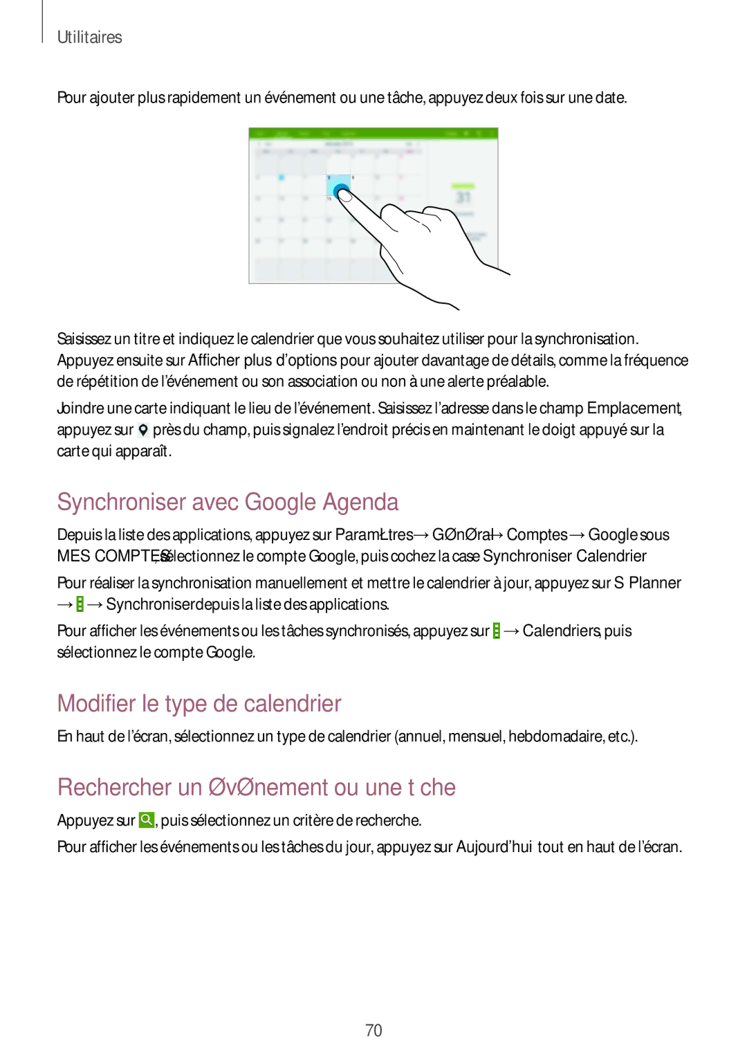 Samsung SM-T533NZWEXEF, SM-T533NYKAXEF, SM-T533NZWAXEF manual Synchroniser avec Google Agenda, Modifier le type de calendrier 