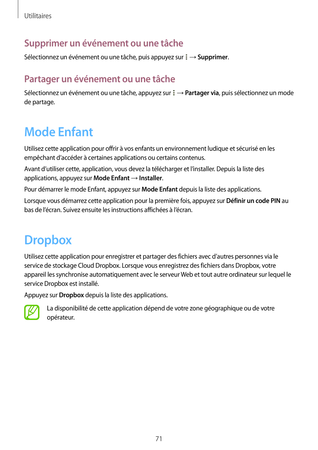 Samsung SM-T533NZWAXEF manual Mode Enfant, Dropbox, Supprimer un événement ou une tâche, Partager un événement ou une tâche 