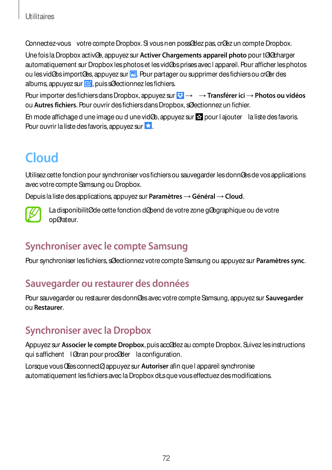 Samsung SM-T533NYKAXEF, SM-T533NZWEXEF Cloud, Synchroniser avec le compte Samsung, Sauvegarder ou restaurer des données 