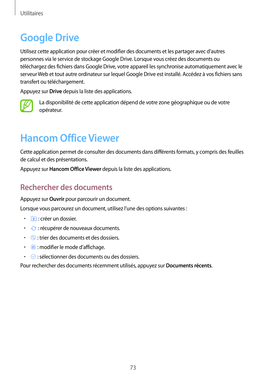 Samsung SM-T533NZWEXEF, SM-T533NYKAXEF, SM-T533NZWAXEF manual Google Drive, Hancom Office Viewer, Rechercher des documents 