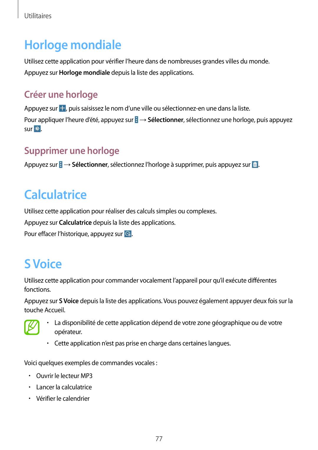 Samsung SM-T533NZWAXEF, SM-T533NYKAXEF Horloge mondiale, Calculatrice, Voice, Créer une horloge, Supprimer une horloge 