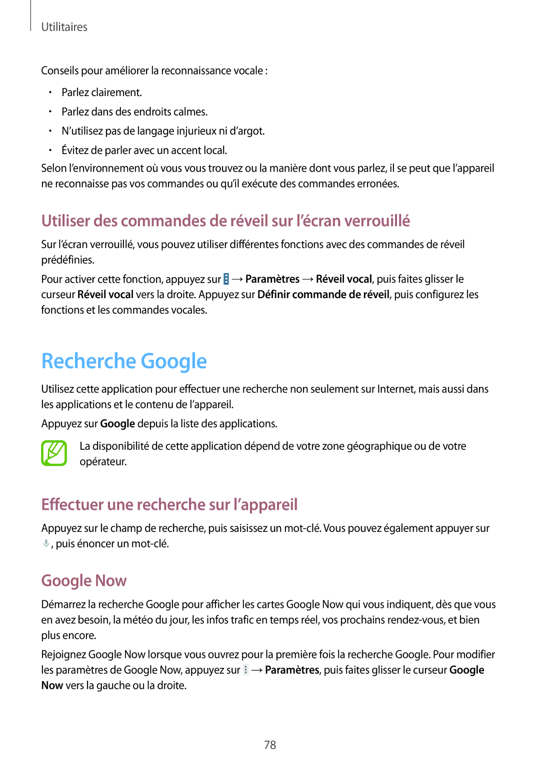 Samsung SM-T533NYKAXEF manual Recherche Google, Utiliser des commandes de réveil sur l’écran verrouillé, Google Now 