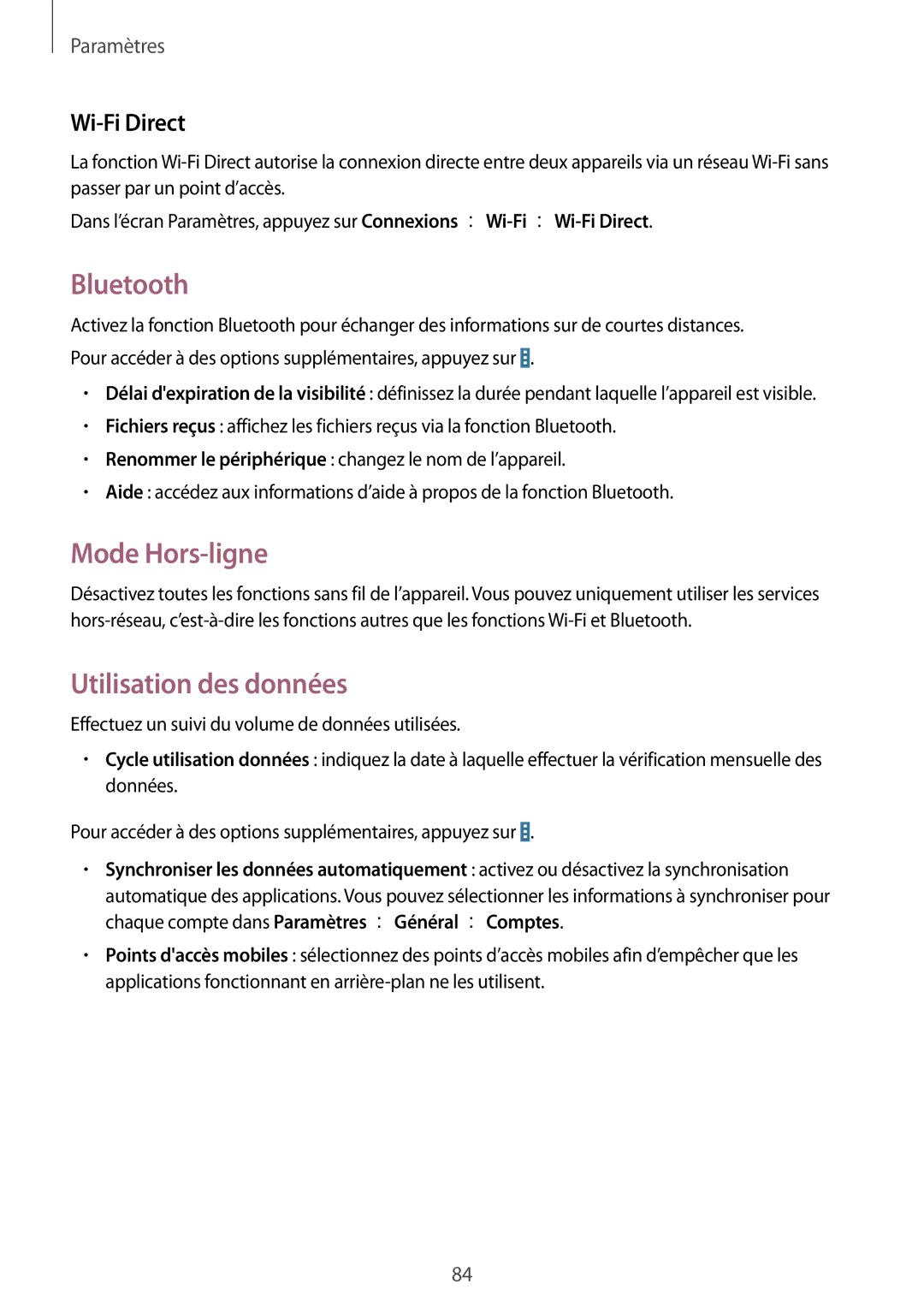Samsung SM-T533NYKAXEF, SM-T533NZWEXEF, SM-T533NZWAXEF Bluetooth, Mode Hors-ligne, Utilisation des données, Wi-Fi Direct 