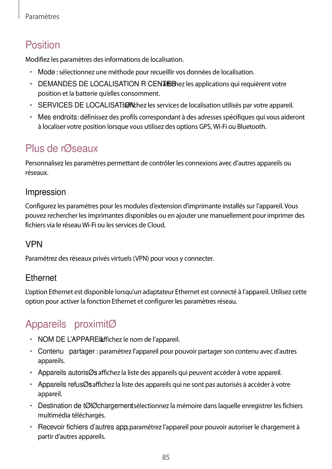 Samsung SM-T533NZWEXEF, SM-T533NYKAXEF manual Position, Plus de réseaux, Appareils à proximité, Impression, Ethernet 