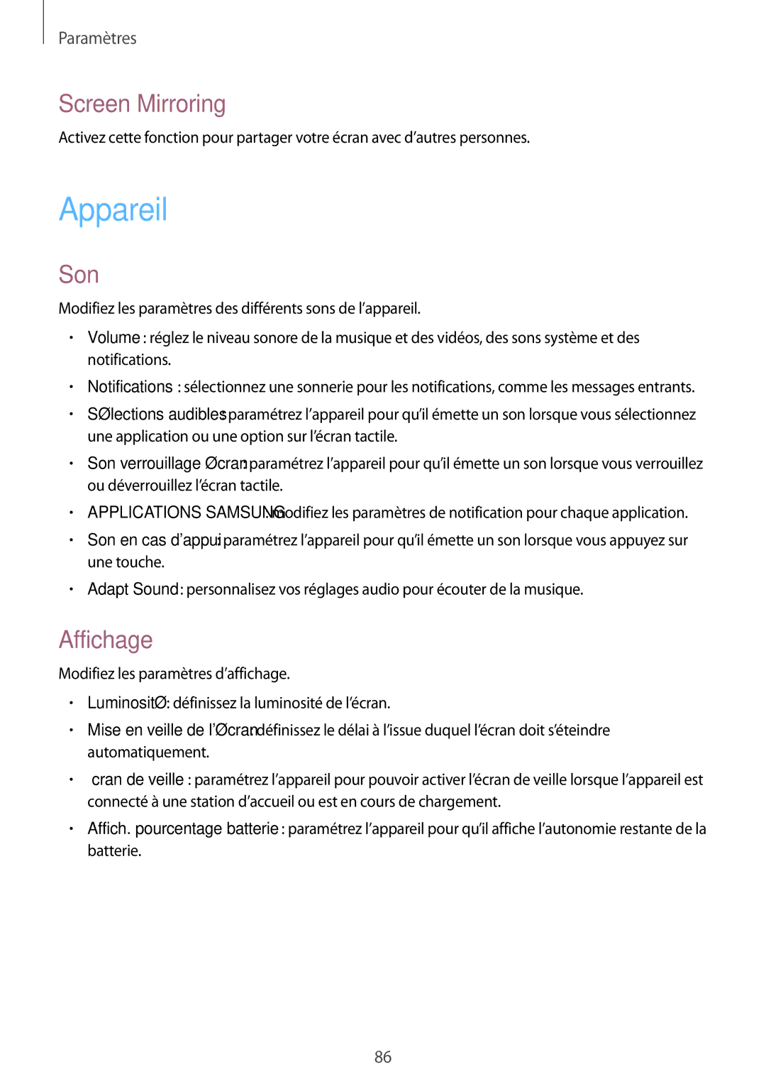 Samsung SM-T533NZWAXEF, SM-T533NYKAXEF, SM-T533NZWEXEF manual Appareil, Screen Mirroring, Son, Affichage 