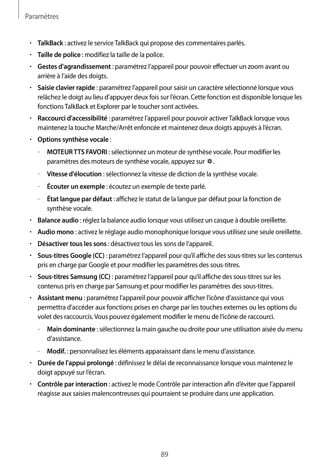 Samsung SM-T533NZWAXEF, SM-T533NYKAXEF, SM-T533NZWEXEF manual Options synthèse vocale 