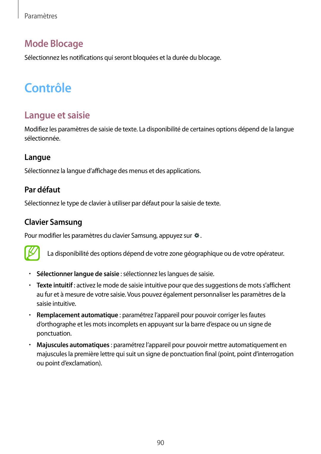 Samsung SM-T533NYKAXEF, SM-T533NZWEXEF, SM-T533NZWAXEF manual Contrôle, Mode Blocage, Langue et saisie 