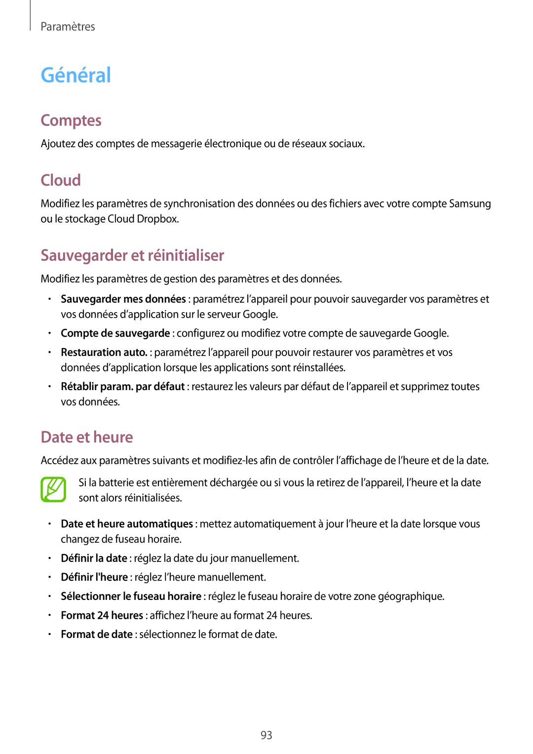 Samsung SM-T533NYKAXEF, SM-T533NZWEXEF, SM-T533NZWAXEF Général, Comptes, Cloud, Sauvegarder et réinitialiser, Date et heure 