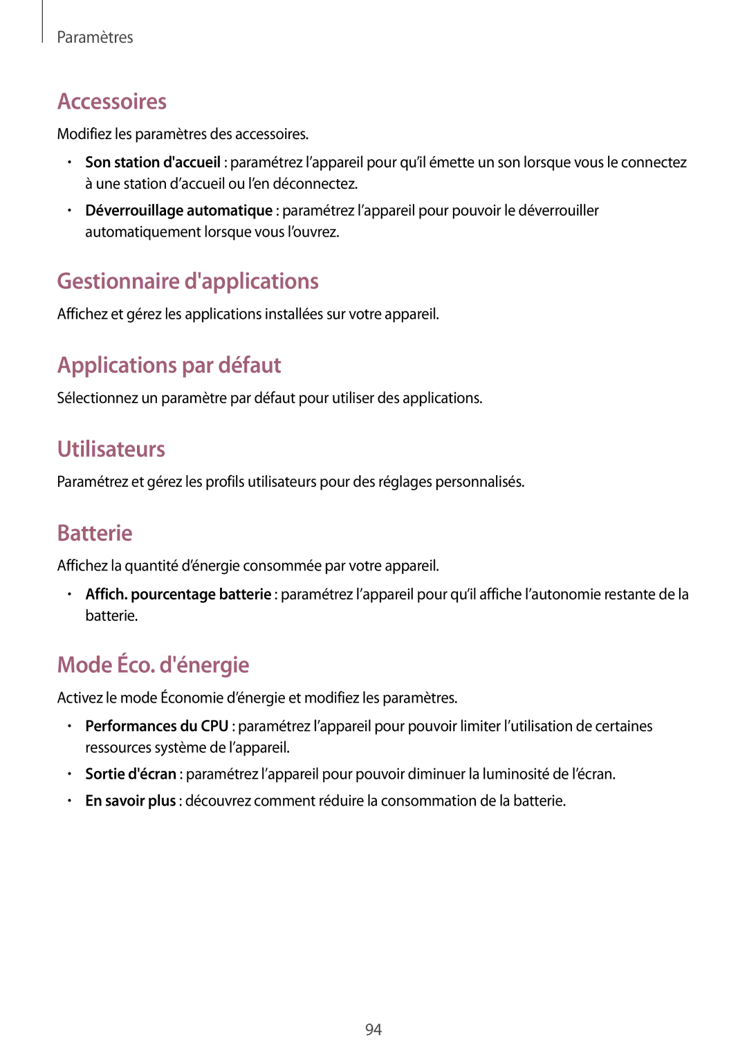 Samsung SM-T533NZWEXEF manual Accessoires, Gestionnaire dapplications, Applications par défaut, Utilisateurs, Batterie 