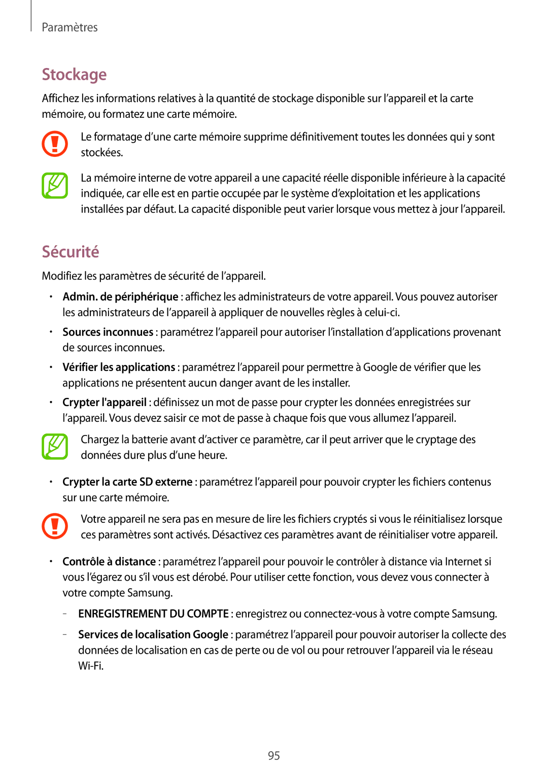 Samsung SM-T533NZWAXEF, SM-T533NYKAXEF, SM-T533NZWEXEF manual Stockage, Sécurité 