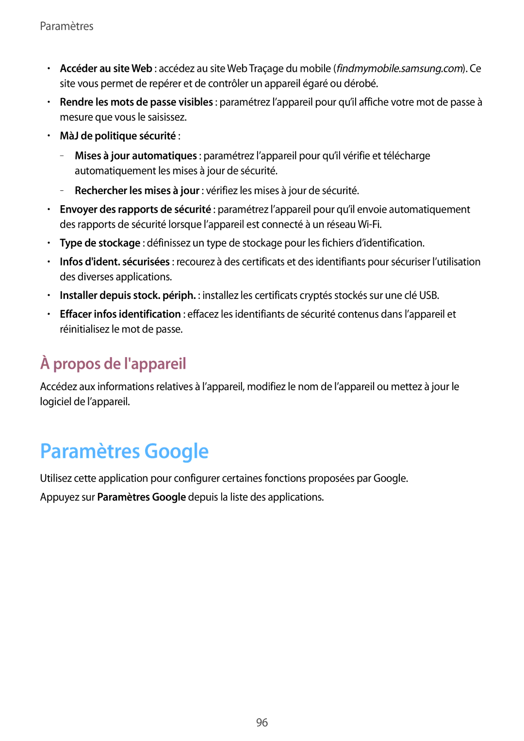 Samsung SM-T533NYKAXEF, SM-T533NZWEXEF, SM-T533NZWAXEF manual Paramètres Google, Propos de lappareil 