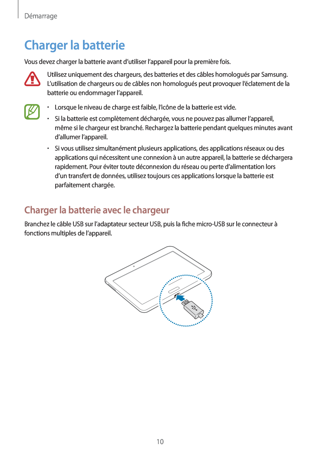 Samsung SM-T533NZWEXEF, SM-T533NYKAXEF, SM-T533NZWAXEF manual Charger la batterie avec le chargeur, Démarrage 