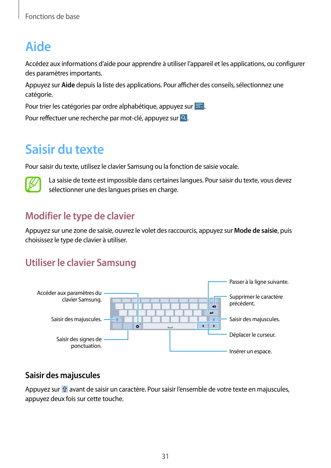 Samsung SM-T533NZWEXEF Aide, Saisir du texte, Modifier le type de clavier, Utiliser le clavier Samsung, Fonctions de base 