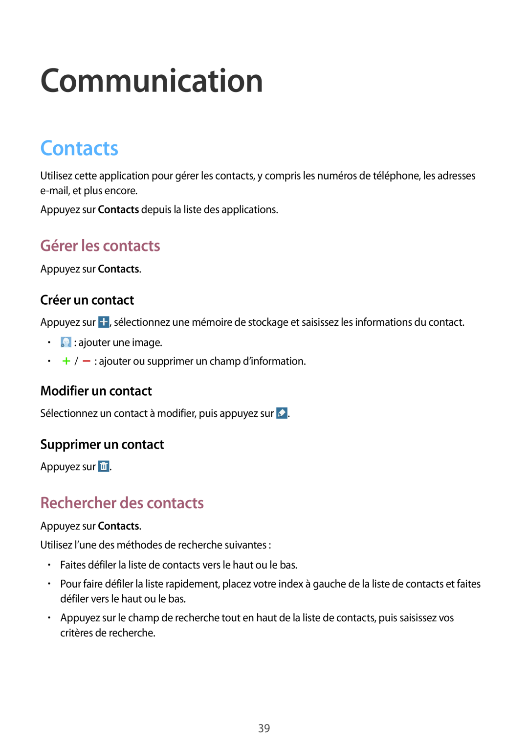 Samsung SM-T533NYKAXEF manual Communication, Contacts, Gérer les contacts, Rechercher des contacts, Créer un contact 