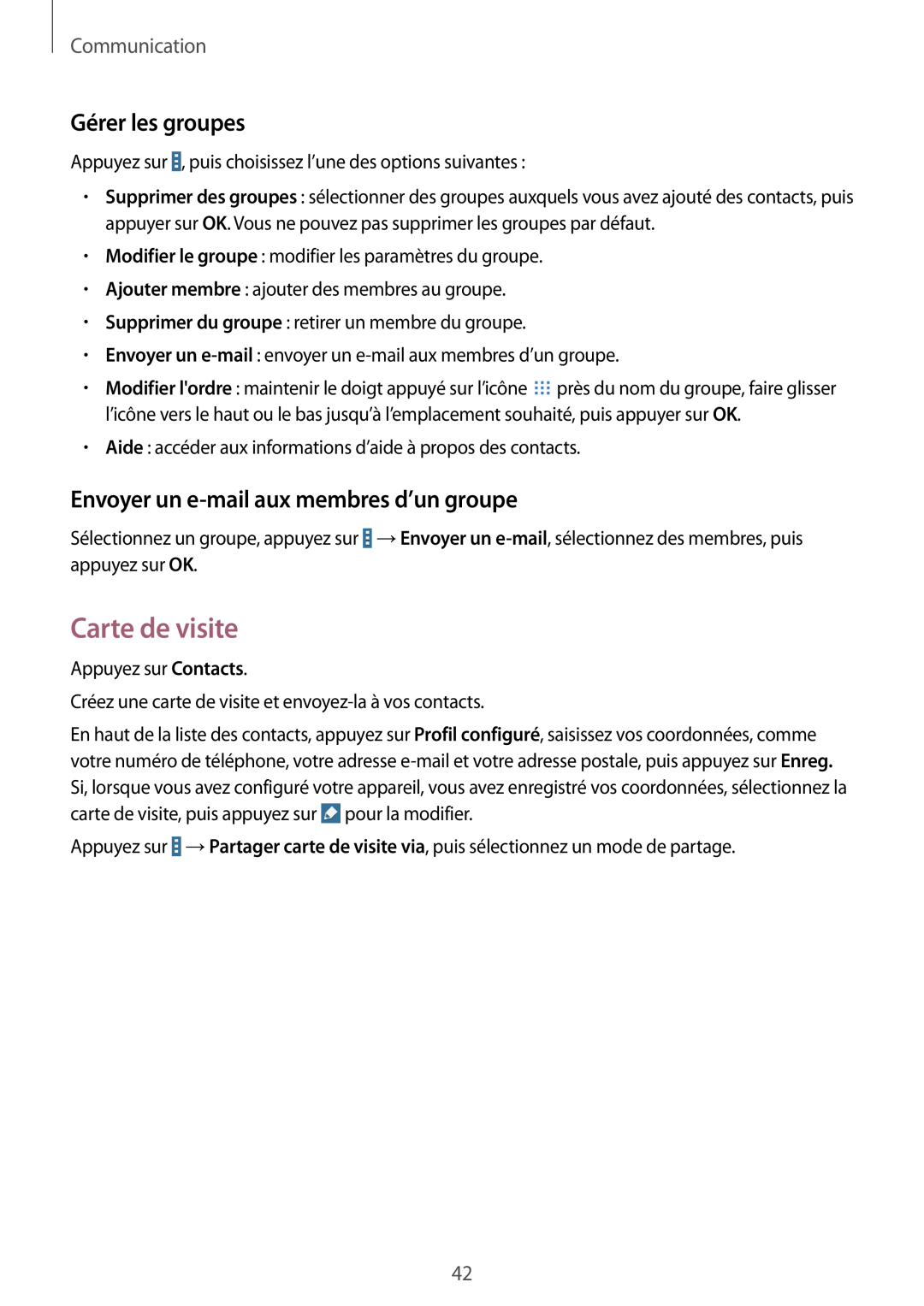 Samsung SM-T533NYKAXEF manual Carte de visite, Gérer les groupes, Envoyer un e-mail aux membres d’un groupe, Communication 