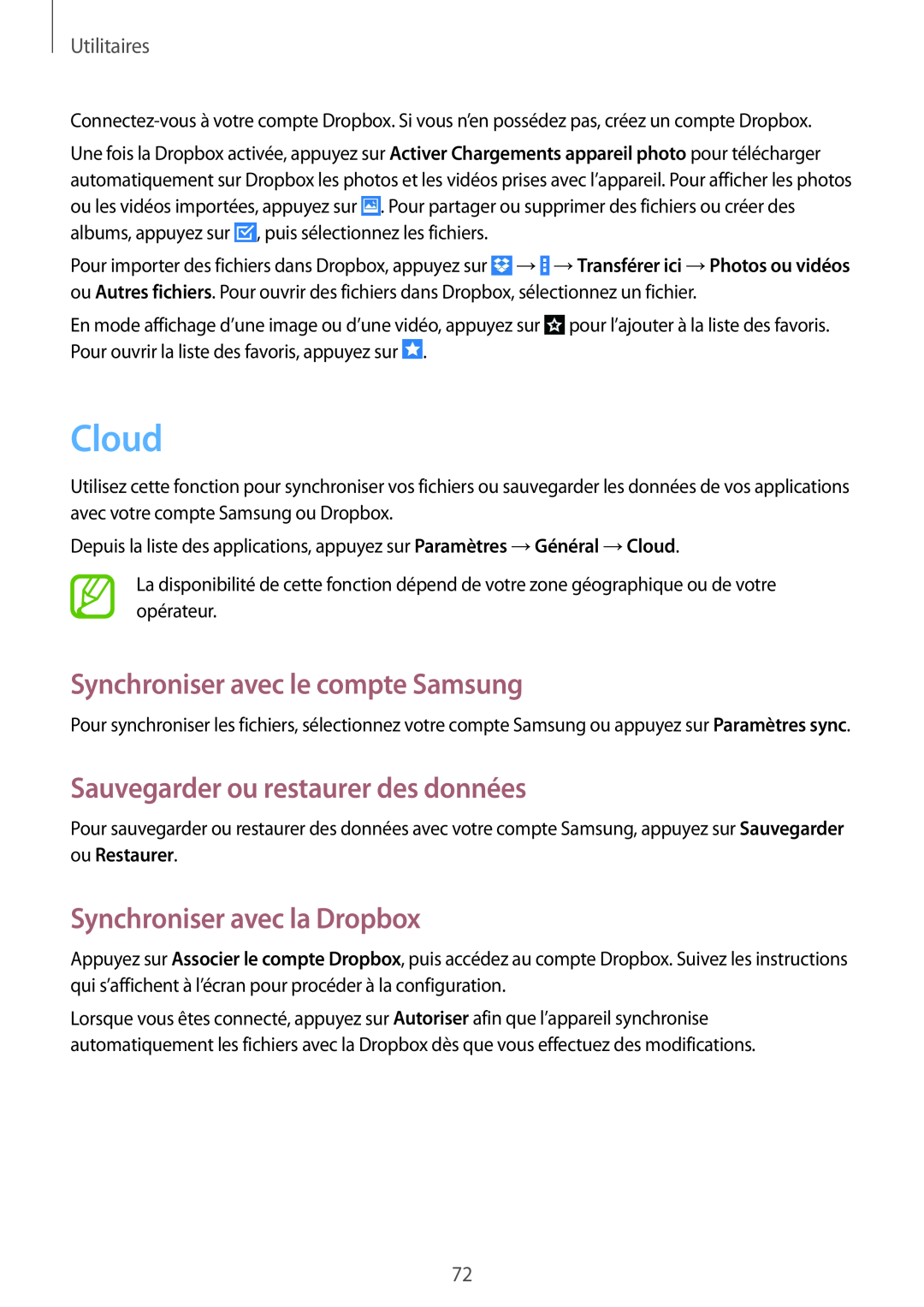 Samsung SM-T533NYKAXEF manual Cloud, Synchroniser avec le compte Samsung, Sauvegarder ou restaurer des données, Utilitaires 