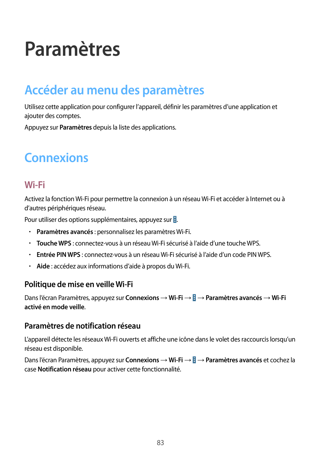 Samsung SM-T533NZWAXEF manual Paramètres, Accéder au menu des paramètres, Connexions, Politique de mise en veille Wi-Fi 