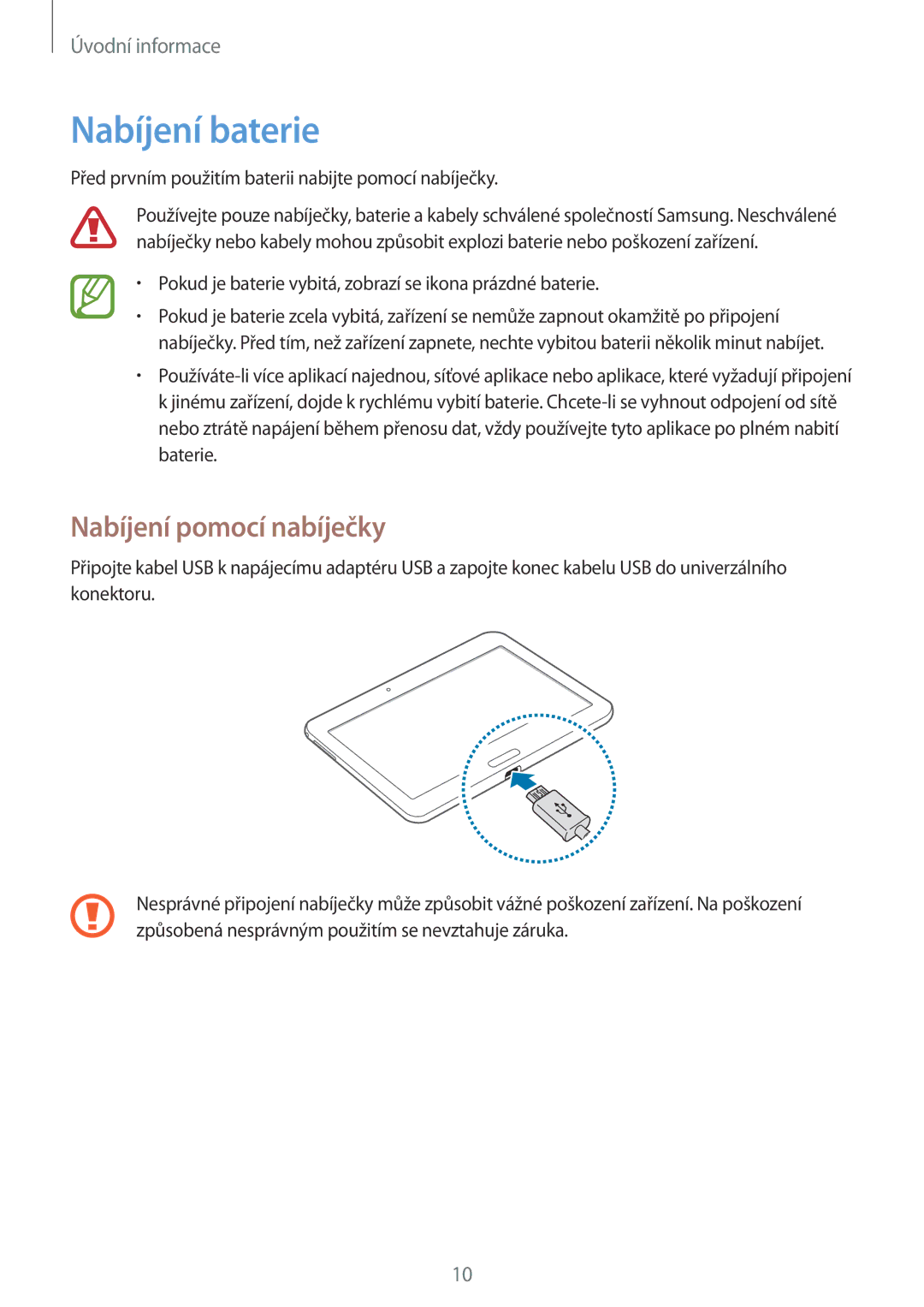 Samsung SM-T533NYKAATO, SM-T533NZWAAUT, SM-T533NYKAAUT, SM-T533NZWAXEH manual Nabíjení baterie, Nabíjení pomocí nabíječky 