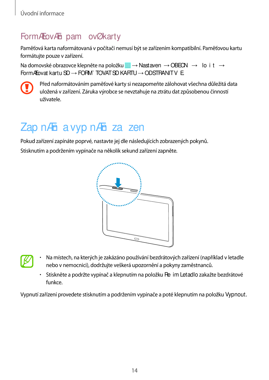 Samsung SM-T533NYKAXEH, SM-T533NZWAAUT, SM-T533NYKAAUT manual Zapínání a vypínání zařízení, Formátování paměťové karty 