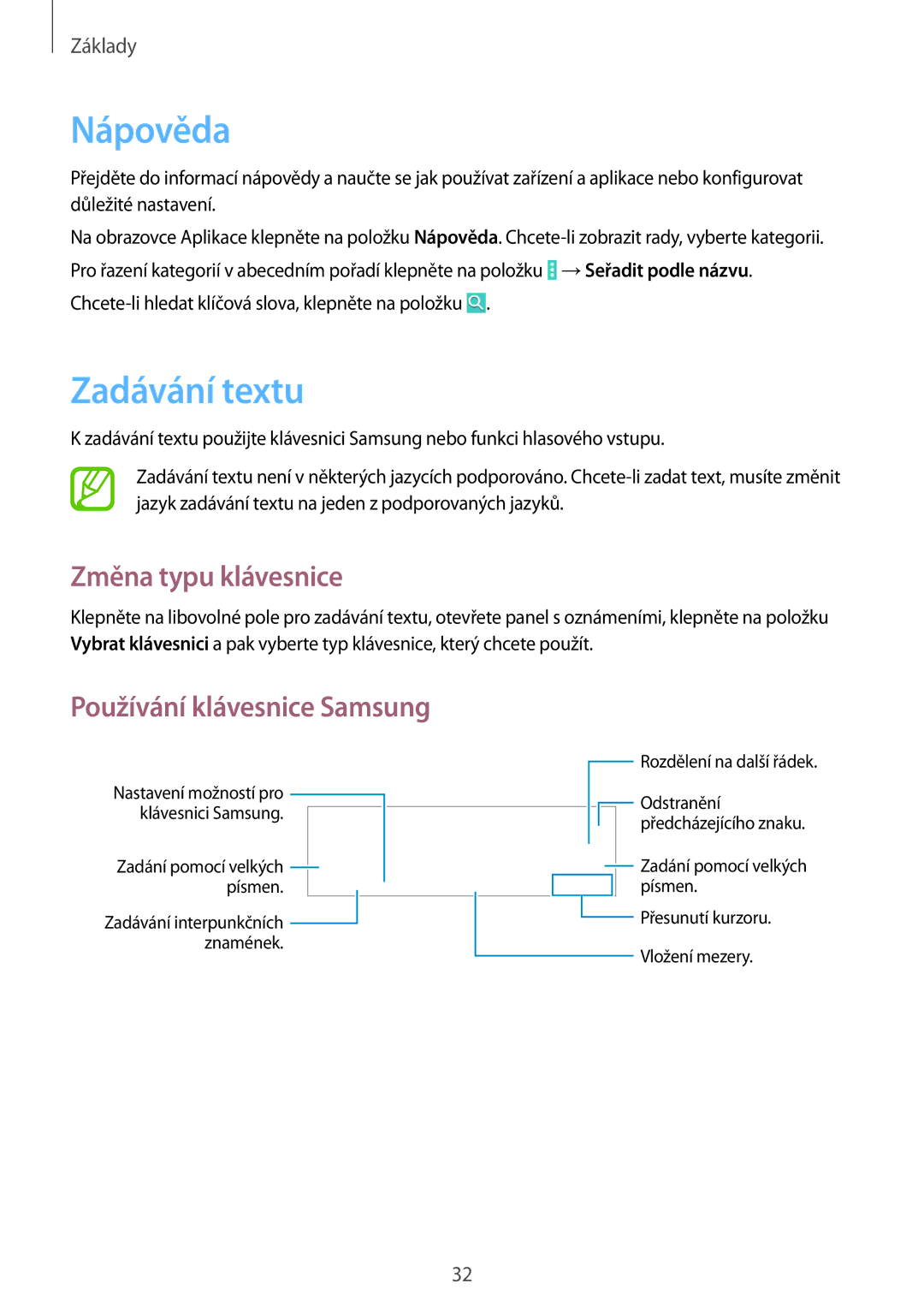 Samsung SM-T533NZWAXEH, SM-T533NZWAAUT, SM-T533NYKAAUT, SM2T533NYKAXEZ manual Nápověda, Zadávání textu, Změna typu klávesnice 