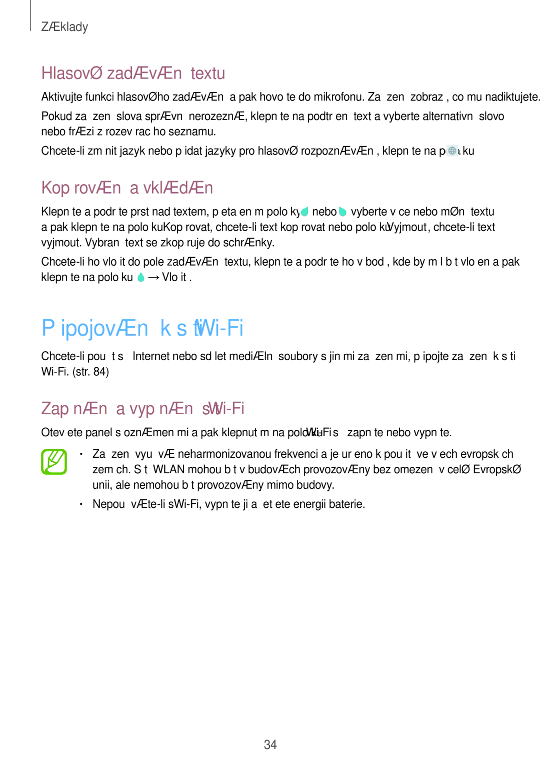 Samsung SM-T533NYKAXEZ, SM-T533NZWAAUT manual Připojování k síti Wi-Fi, Hlasové zadávání textu, Kopírování a vkládání 