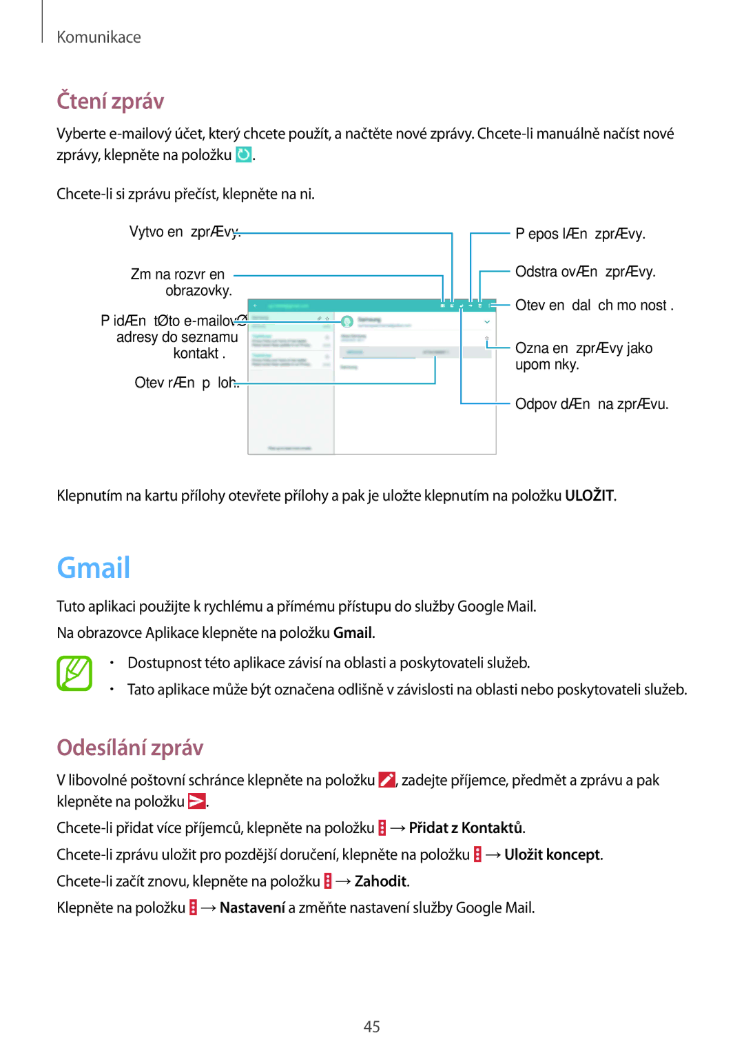 Samsung SM-T533NZWAAUT, SM-T533NYKAAUT, SM-T533NZWAXEH, SM2T533NYKAXEZ, SM-T533NYKAXEZ, SM-T533NZWAXEZ manual Gmail, Čtení zpráv 