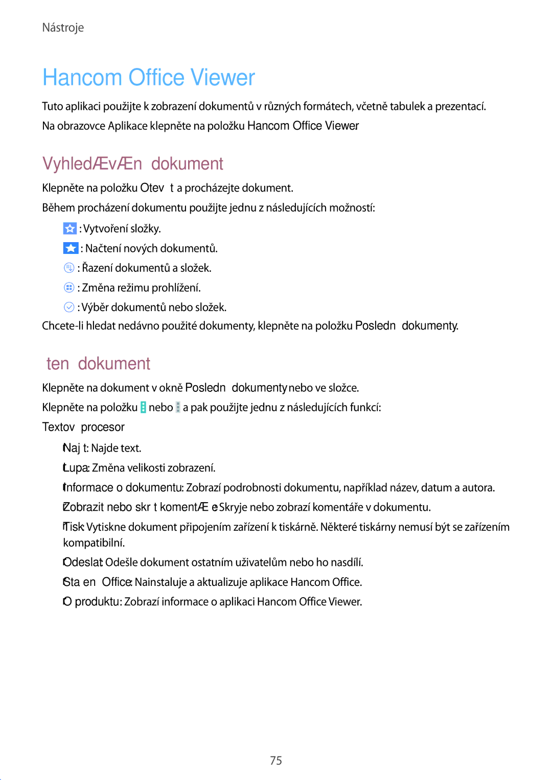 Samsung SM-T533NZWAAUT, SM-T533NYKAAUT, SM-T533NZWAXEH manual Hancom Office Viewer, Vyhledávání dokumentů, Čtení dokumentů 